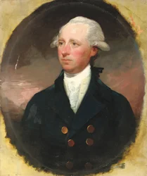 Portret van Sir Thomas George Skipwith, halflang, in een blauwe jas, gefingeerd ovaal