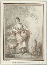 Jonge vrouw met hond en haan en hen