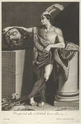 David staand met gekruiste benen en het hoofd van Goliath houdend op een voetstuk links, ca. 1635-45