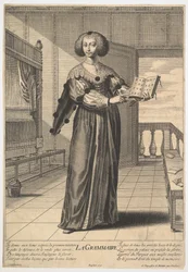 Grammatica: een jonge vrouw die in een versierd interieur staat met een open boek in haar linkerhand