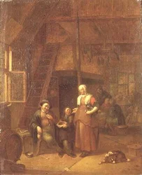 Het interieur van een herberg met een man die een dienende vrouw betaalt