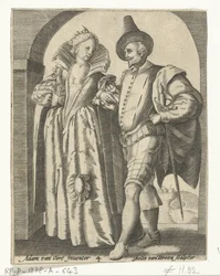 Man en vrouw, gekleed volgens de mode van 1590-1600
