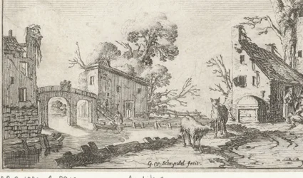 Boerderij en toren aan een rivier