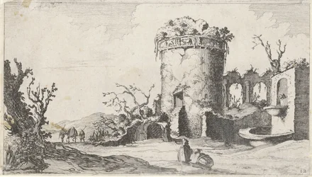 Fontein bij ruïne met een ronde toren Twaalf landschappen (serie)