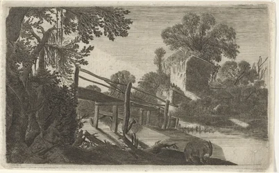 Houten brug bij een ruïne