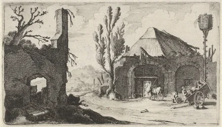 Landweg bij een ruïne en een herberg