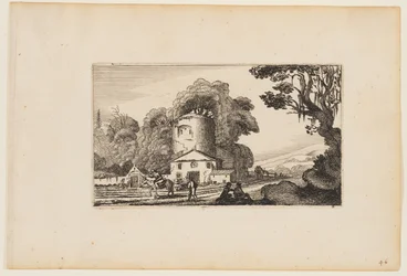 Pad voor boerderij gedomineerd door een ronde toren, uit Twaalf landschappen met figuren