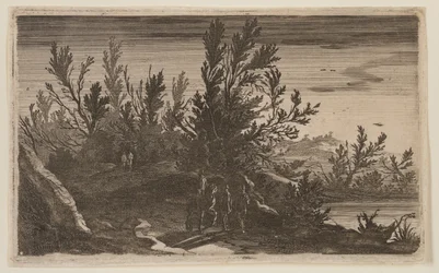 Ruiters op een bospad links van de vijver, uit Six Landscapes