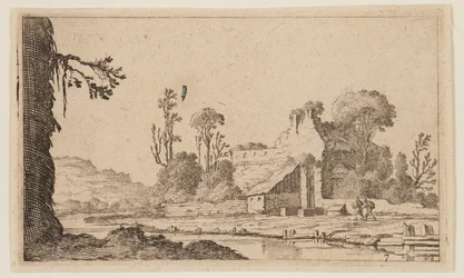 Ruïnes omgevormd tot een boerderij aan een rivier, uit Twaalf Landschappen