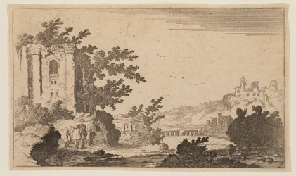 Ruïnes links van een rivier in een heuvelachtig landschap, uit Twaalf Landschappen
