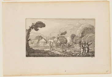 Enkele mannen op pad voor een boerderij, uit Twaalf landschappen met figuren