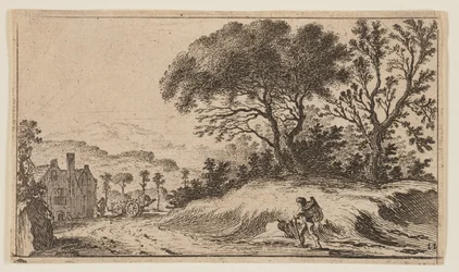 Reiziger op een pad voor drie bomen op een heuvel rechts, uit Twaalf Landschappen