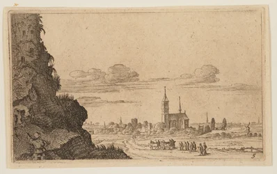 Twee mannen klimmen op rotsen naar ruïnes, uit Twaalf Landschappen