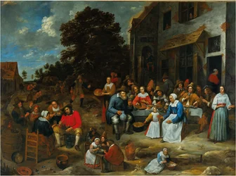 Een gezelschap feestend buiten een taverne
