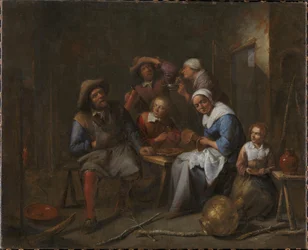 Een Interieur met Ambachtslieden en Boeren die Eten en Drinken