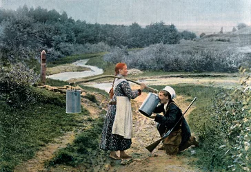 Een jager drinkt van een jonge vrouw, Rusland