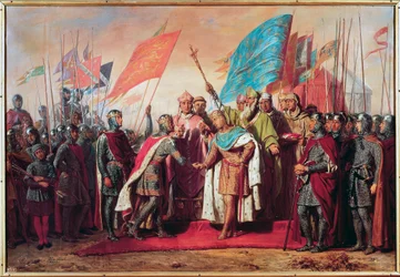 Derde Kruistocht (1189-1192): Ontmoeting en handdruk tussen Filips Augustus (Filips II van Frankrijk