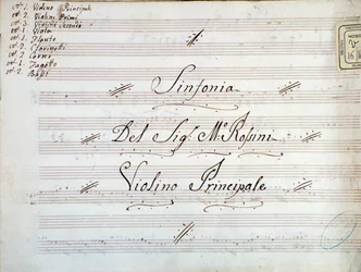 Detail van eerste pagina van viool muziekpartituur voor een symfonie door Gioacchino Rossini