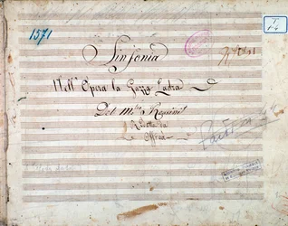 Eerste pagina van muziekpartituur van symfonie in La gazza ladra (De stelende ekster) door Gioacchino Rossini