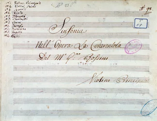 Titelpagina van muziekpartituur voor viool voor symfonie in Assepoester, of Triomferende Goedheid door Gioacchino Rossini