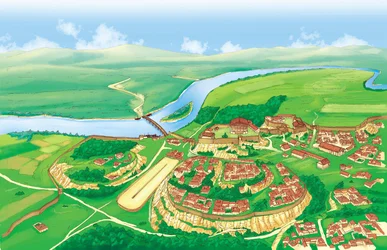 Het oude Rome (archaïsch): uitzicht op de stad Rome in de 6e eeuw voor Christus.