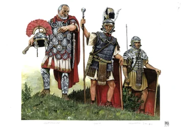 Het oude Rome: een centurion, optio (boodschapper tussen centurions en decurions) en een legionair. 2e eeuw