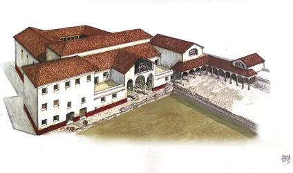 Het oude Rome: reconstructie van de Villa des Lions (Casa ou domus dei Leoni) in Ostia Antica (Ostia), 3e eeuw v.Chr. Italië Illustratie door Giorgio Albertini. (Het gebruik van de werken van deze auteur is niet onderworpen aan een aanvraag voor toestemmin