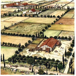 Het oude Rome: reconstructie van een plan voor de indeling van het territorium dat bekend staat als "Romeinse Centurië", gericht op het geometrisch uitsnijden van een landbouwgebied in de koloniën, volgens Romeinse eenheden (of eeuwen), Italië