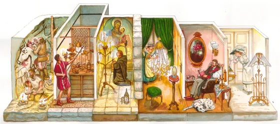 Dagelijks leven: evolutie van verlichting in de huizen, links prehistorische mannen in de grotten, verlichting met vuur, dan oud huis, een monnik bidt in de middeleeuwen met een kaars, een bediende verlicht een kroonluchter aan het plafond in de 19e eeuw, 