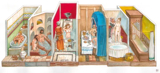Dagelijks leven: evolutie van sanitaire systemen en hygiëne: bord met baden, baden, baden, toiletten van de oudheid tot de moderne tijd.