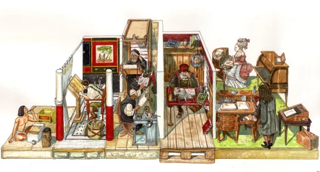 Evolutie van de schrijfkunst, kantoren en geschriften: van links naar rechts, een scribent in het oude Egypte, de antiquiet dan het middeleeuwse scriptorium (copist monnik), een ontdekkingsreiziger navigator aan het werk in zijn kantoor, een kantoor in de 