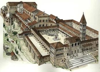 Middeleeuwen: Oude basiliek van Sint Pieter in Rome (Basiliek van San Pietro of Basiliek van Constantijn) ca 1300, Rome Italië