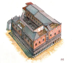 Middeleeuwen: luchtfoto en architecturale doorsnede van het Dogenpaleis (of Hertogelijk Paleis of Palazzo Ducale) op het San Marcoplein in Venetië in de 15e eeuw. Italië