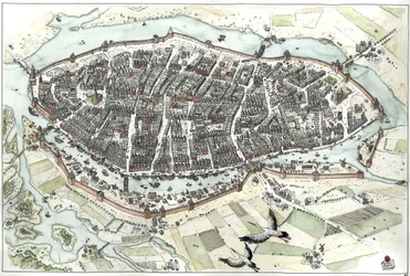Middeleeuwen: luchtfoto van de stad Lübeck in Duitsland met stratenplan, waarop de geografische ligging op een eiland bij de samenvloeiing van de rivieren Wakenitz en Trave te zien is. 15e eeuw. Duitsland Illustratie door Giorgio Albertini. (Het gebruik va