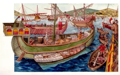 Middeleeuwen: commerciële activiteiten, laden van boten, in de haven van de stad Pisa. Italië 13e eeuw