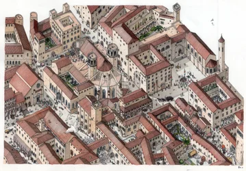 Middeleeuwen: reconstructie van de historische wijk Barri Gotic (barrio gotico) in Barcelona in de 14e eeuw. De Cathedrale Sainte-Eulalie (Sint Eulalie) is zichtbaar. Spanje Illustratie door Giorgio Albertini. (Het gebruik van het werk van deze auteur is n