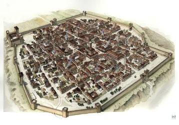 Middeleeuwen: reconstructie van de vestingstad Cherasco (Piemont) ten tijde van de stichting in de 13e eeuw, Italië