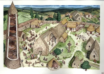 Middeleeuwen: reconstructie van het oude klooster van Glendalough gesticht door Saint Kevin, een kluizenaar-priester. De site werd in de 9e eeuw een plaats voor religieus onderwijs. In dwarsdoorsnede is een ronde toren zichtbaar, een Keltisch kruis. 9e eeu