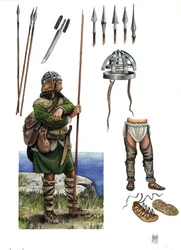 Middeleeuwen: voorstelling van een Almogavra, huursoldaat uit het Koninkrijk Aragon Catalonië rond de 14e eeuw: beschrijving van de wapens en hun kostuum.