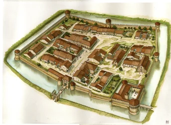 Middeleeuwen: zicht op de versterkte stad Bagnara di Romagna aan het einde van de 15e eeuw. Italië