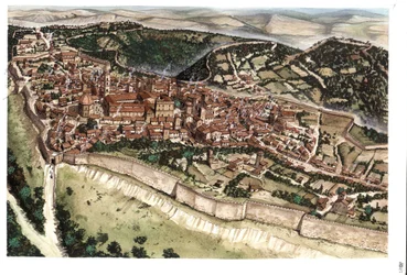 Middeleeuwen: zicht op de middeleeuwse stad Volterra, omringd door stadsmuren, in de 14e eeuw. Toscane. Italië Illustratie door Giorgio Albertini. (Het gebruik van de werken van deze auteur is niet onderworpen aan een aanvraag voor toestemming van een derd