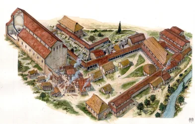 Preromaanse kunst: luchtfoto van het in de 8e eeuw gestichte zegeningenklooster van Sint-Vincentius (St. Vincent) van Volturne (Abbadia di San Vincenzo al Volturno). Castel san Vincenzo, Italië Illustratie door Giorgio Albertini. (Het gebruik van het werk 