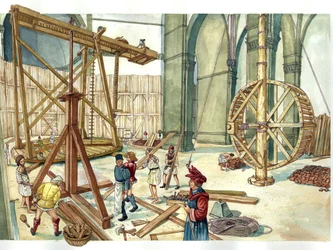 Renaissance: reconstructie van de bouwplaats van de koepel van de kerk Santa Maria del Fiore (Duomo) op de plannen van architect Filippo Brunelleschi. 1436. Florence Italië Illustratie door Giorgio Albertini. (Het gebruik van werken van deze auteur is niet
