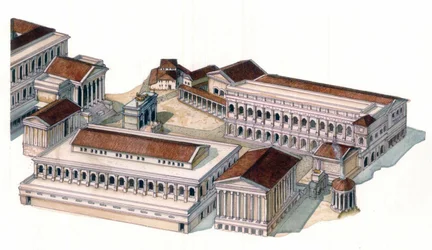 Romeinse oudheid: reconstructie van het Romeinse forum (foro romano) ten tijde van keizer Augustus (Caius Julius Caesar Octavianus Augustus) (63 BC-14 AD)