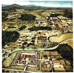 Gezicht op een typisch landschap uit de Hoge Middeleeuwen, met fort op de voorgrond, Frankrijk. 6e-11e eeuw