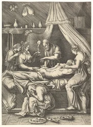 Een allegorie van ziekte, man liggend op een bed omringd door figuren