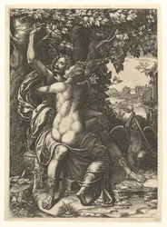 Angelica en Medoro, het paar omhelst elkaar, Medoro snijdt hun namen in de schors van een boom, ca. 1570