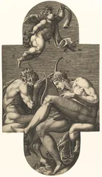 Apollo, Pan, en een putto die op een hoorn blaast, uit een serie van acht composities naar Frankrijk...