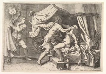 Tarquin valt Lucretia aan, een dienaar links getuige van de scène, ca. 1540