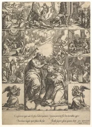 De kroning van de Maagd, omringd door negen vignetten met scènes uit het leven van..., vóór 1575